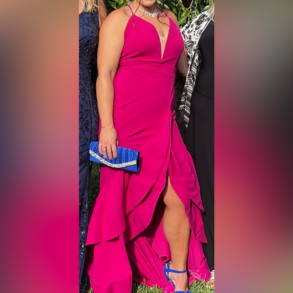 Magenta formal with front ruffle slit